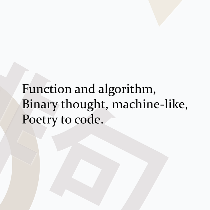 Function and algorithm, Binary thought, machine-like, Poetry to code.