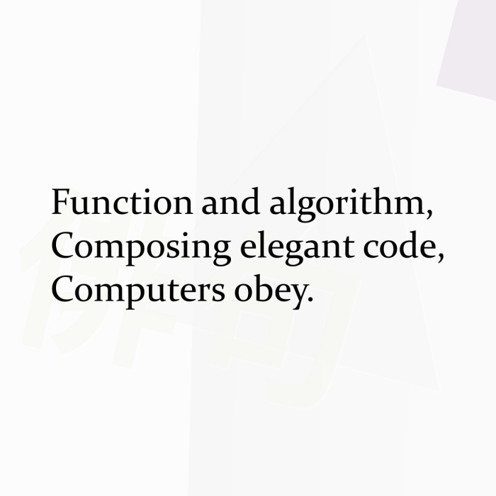 Function and algorithm, Composing elegant code, Computers obey.