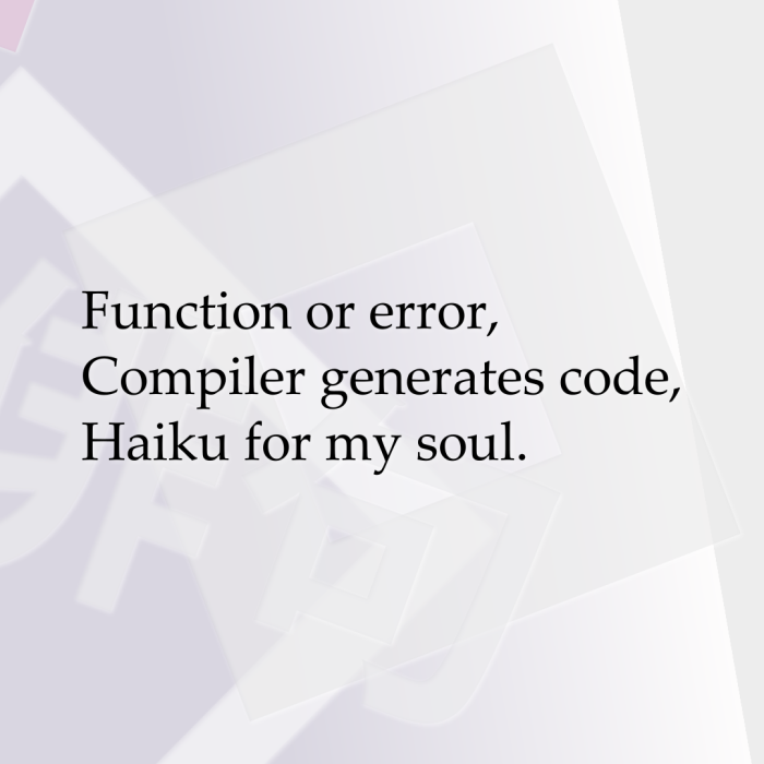 Function or error, Compiler generates code, Haiku for my soul.