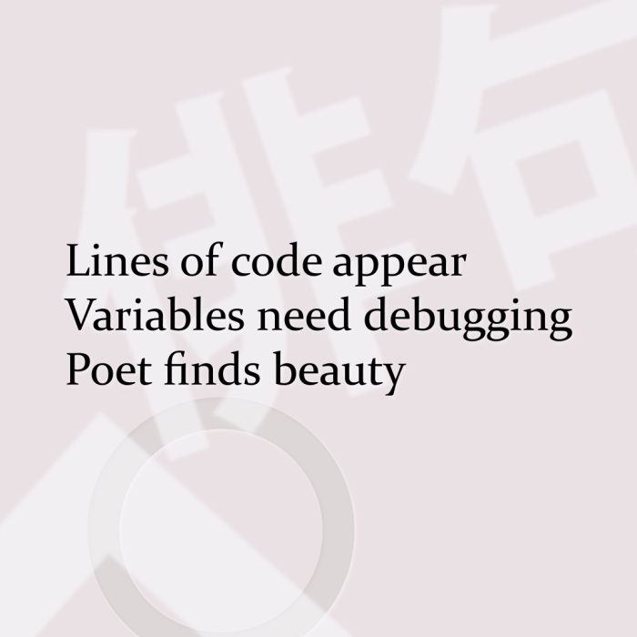 Lines of code appear Variables need debugging Poet finds beauty