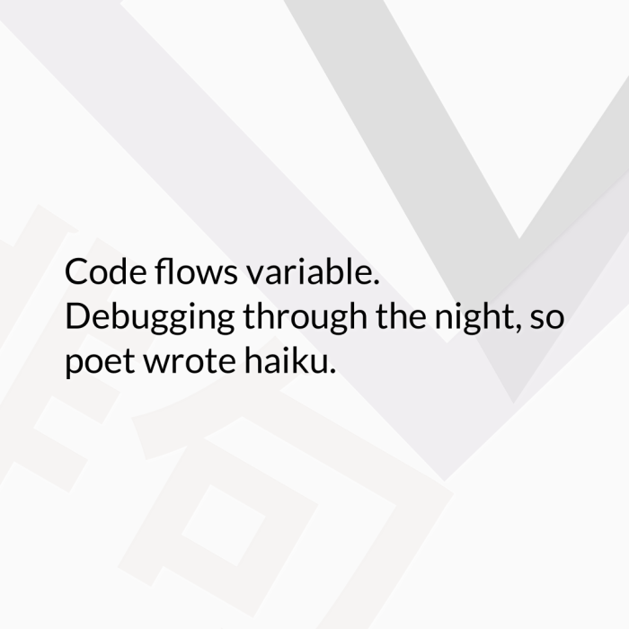 Code flows variable. Debugging through the night, so poet wrote haiku.