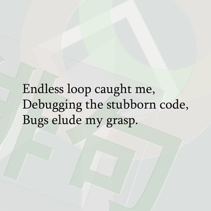 Endless loop caught me, Debugging the stubborn code, Bugs elude my grasp.