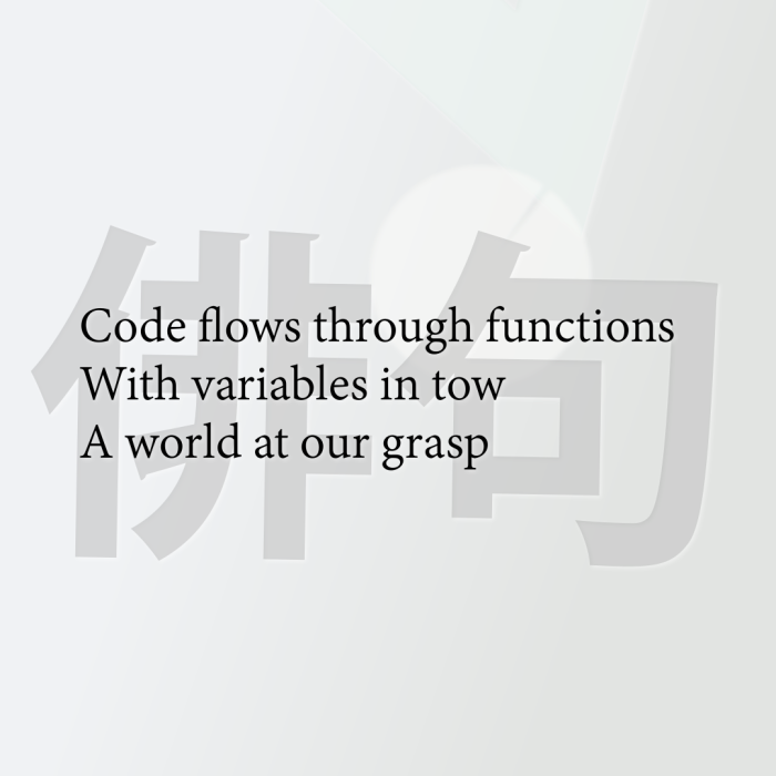 Code flows through functions With variables in tow A world at our grasp