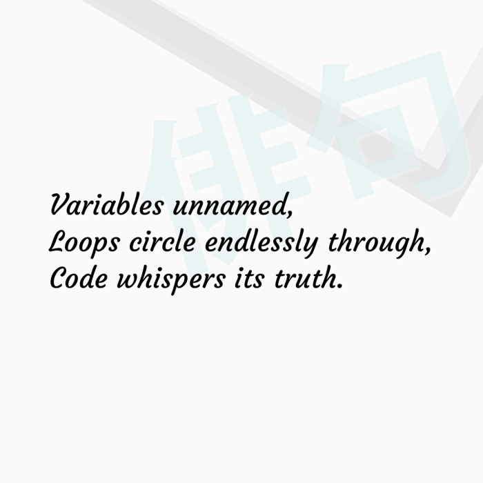 Variables unnamed, Loops circle endlessly through, Code whispers its truth.