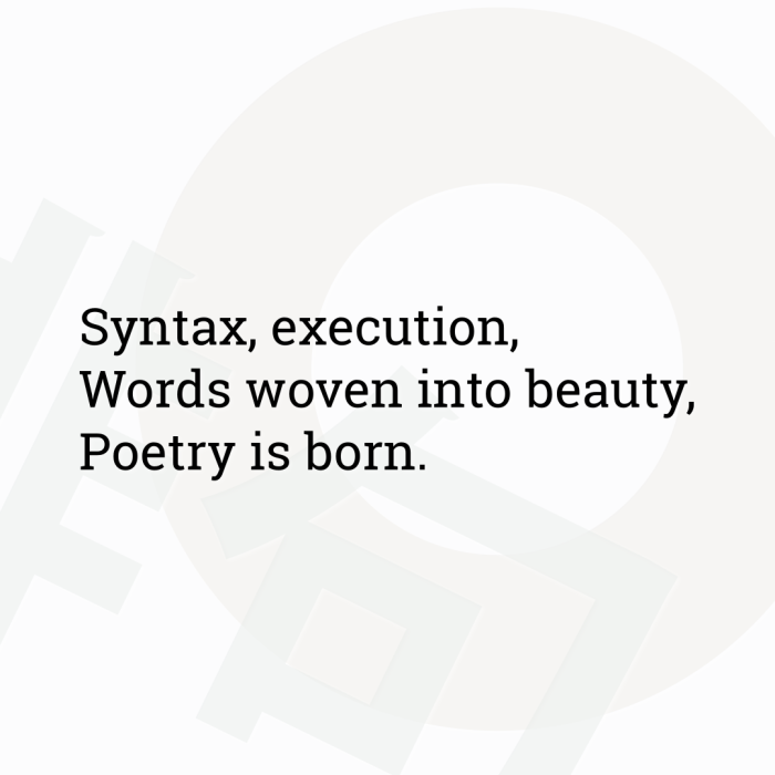 Syntax, execution, Words woven into beauty, Poetry is born.