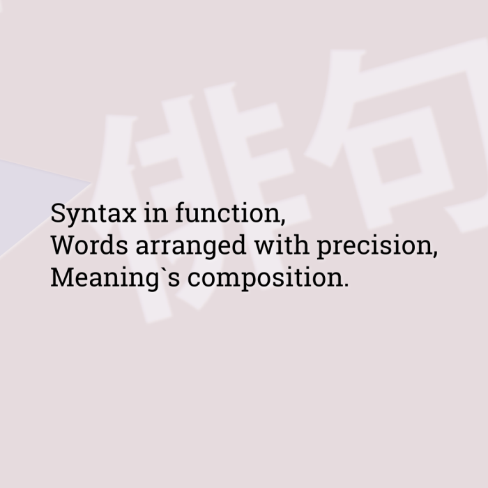 Syntax in function, Words arranged with precision, Meaning`s composition.