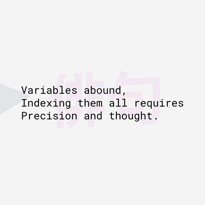 Variables abound, Indexing them all requires Precision and thought.