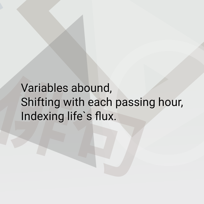 Variables abound, Shifting with each passing hour, Indexing life`s flux.
