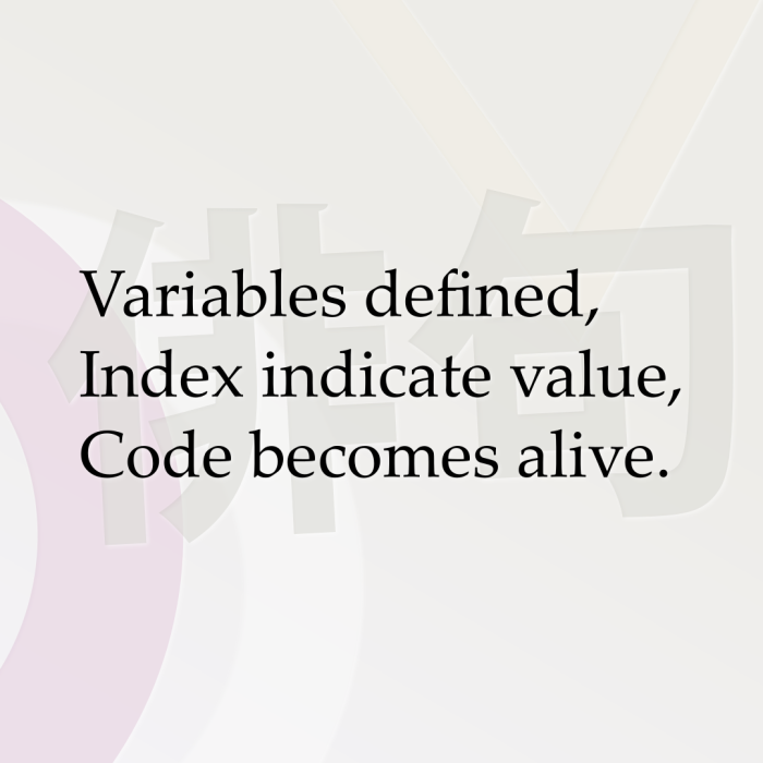 Variables defined, Index indicate value, Code becomes alive.