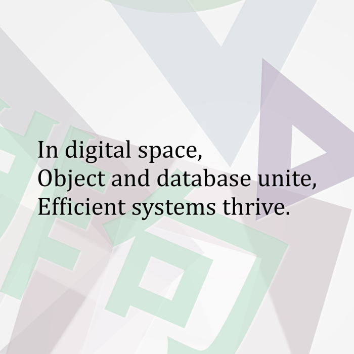 In digital space, Object and database unite, Efficient systems thrive.