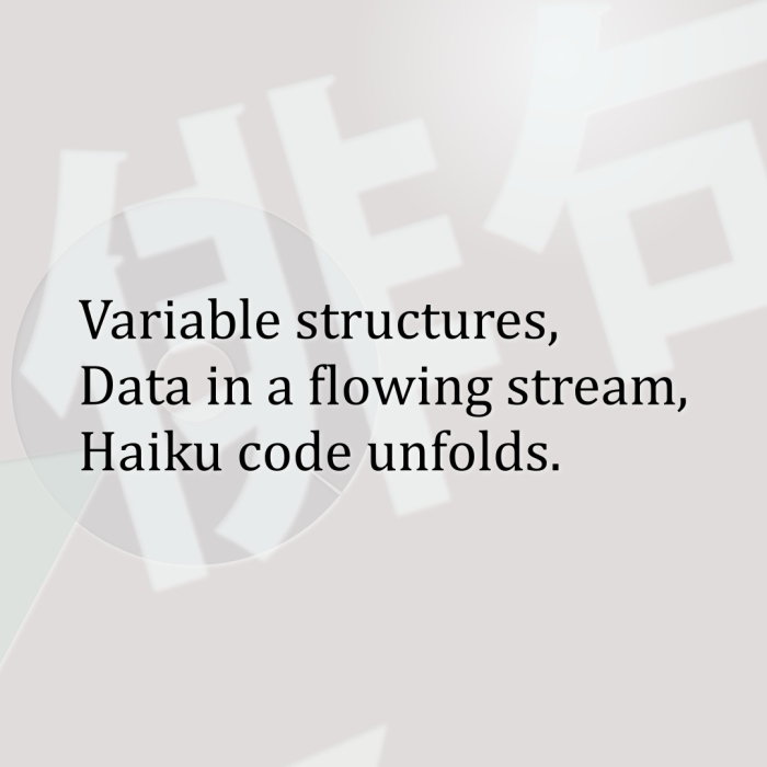 Variable structures, Data in a flowing stream, Haiku code unfolds.