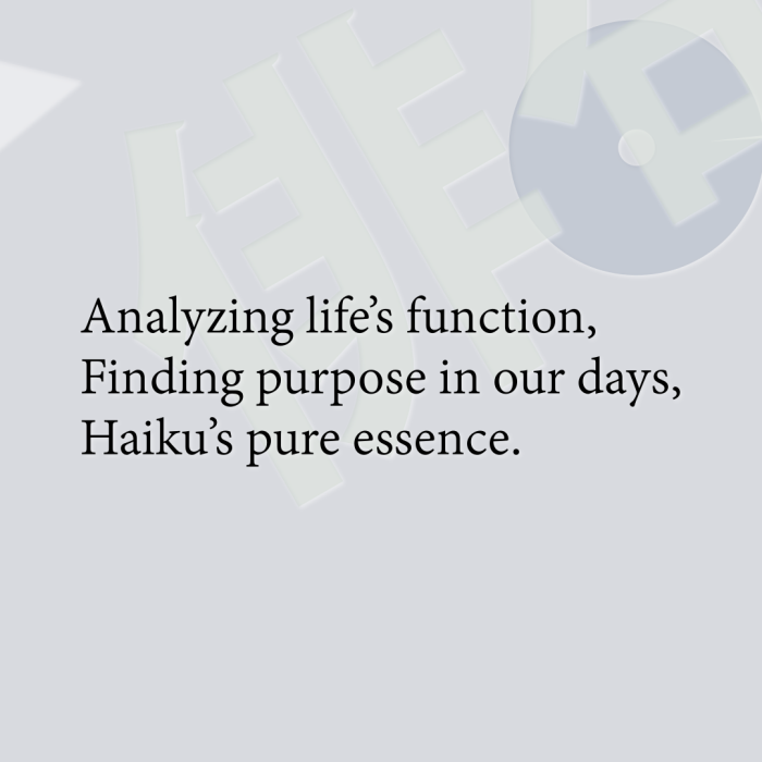 Analyzing life’s function, Finding purpose in our days, Haiku’s pure essence.
