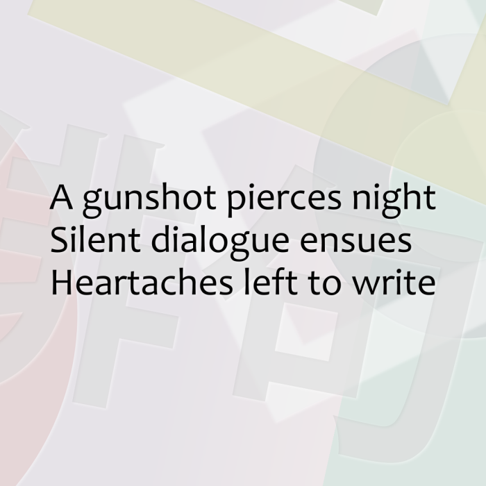 A gunshot pierces night Silent dialogue ensues Heartaches left to write