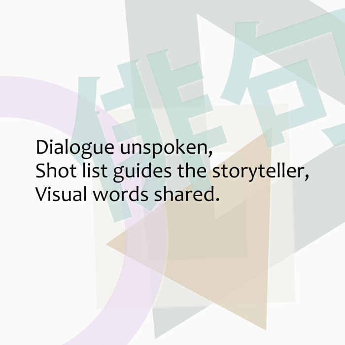 Dialogue unspoken, Shot list guides the storyteller, Visual words shared.