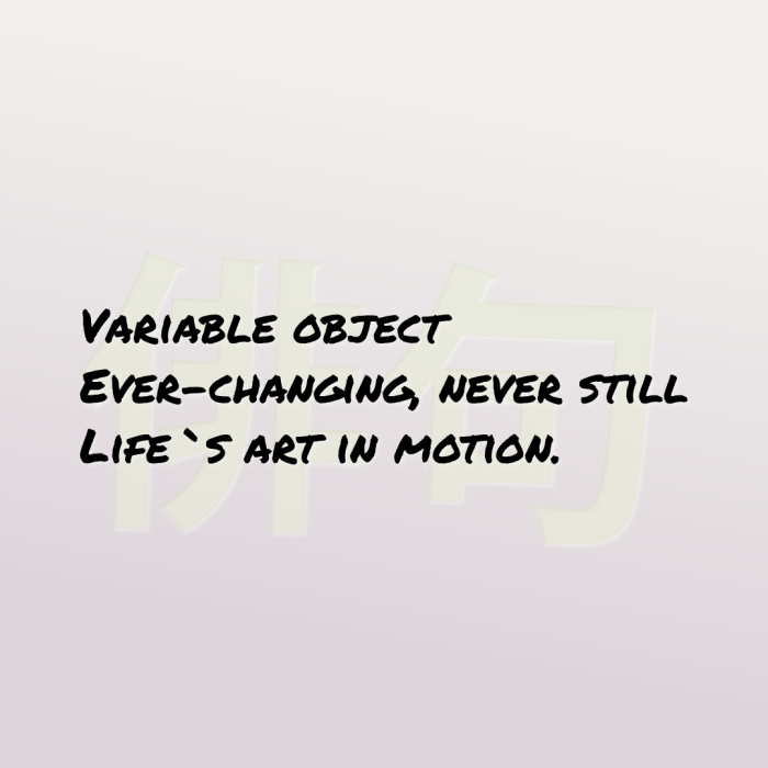 Variable object Ever-changing, never still Life`s art in motion.