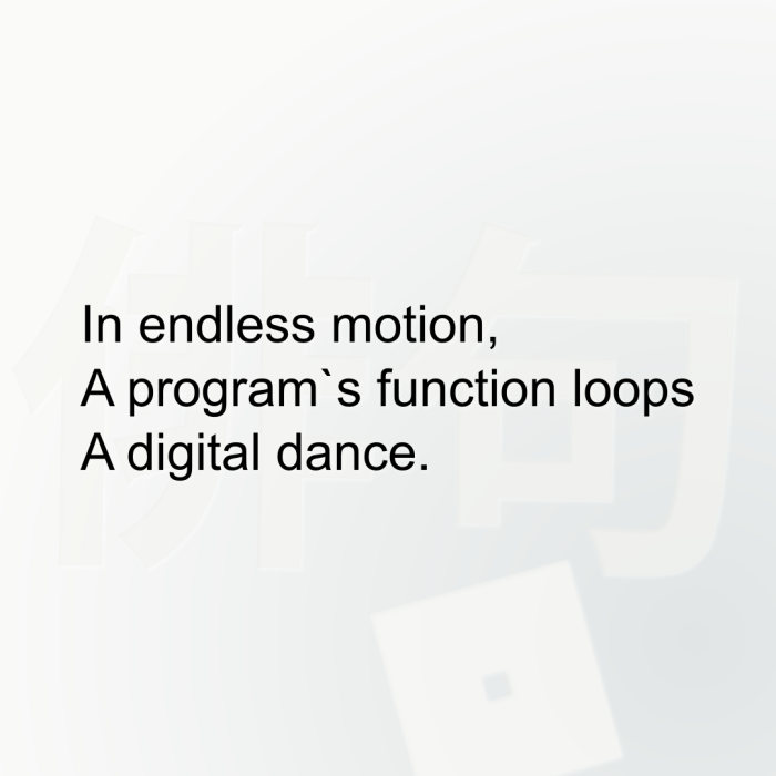 In endless motion, A program`s function loops A digital dance.