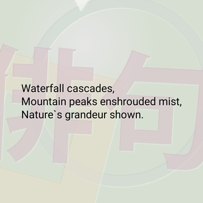 Waterfall cascades, Mountain peaks enshrouded mist, Nature`s grandeur shown.