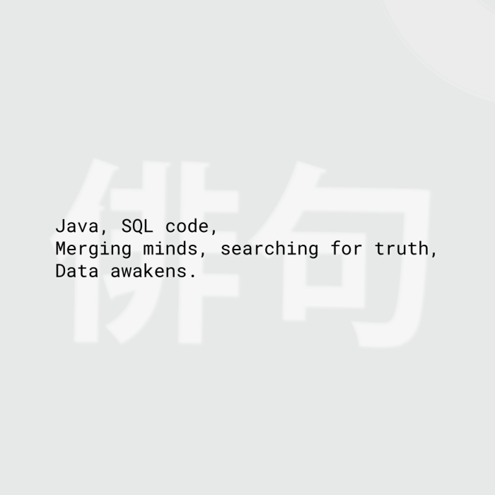 Java, SQL code, Merging minds, searching for truth, Data awakens.
