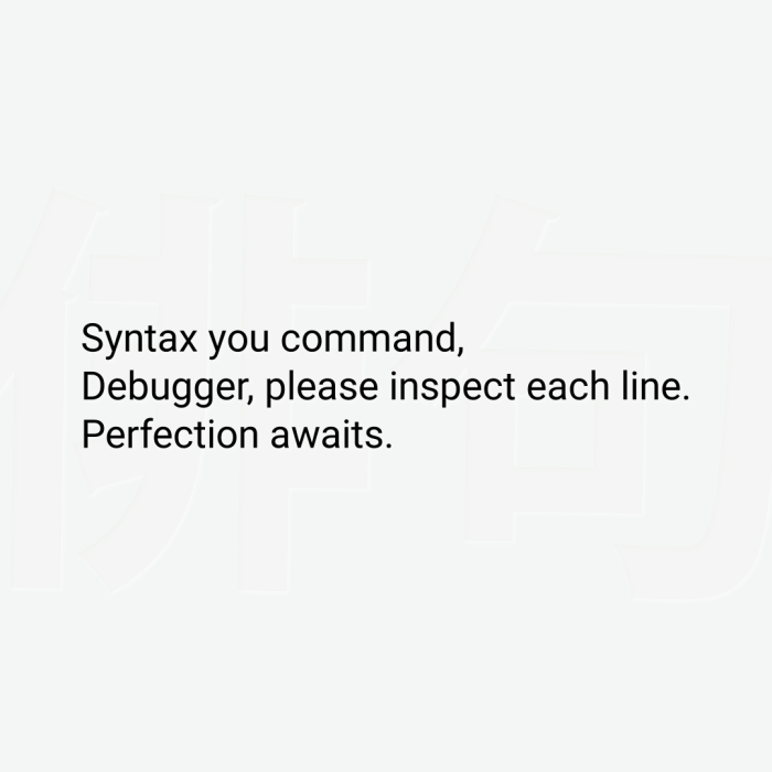 Syntax you command, Debugger, please inspect each line. Perfection awaits.
