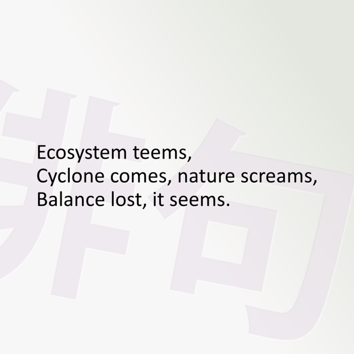 Ecosystem teems, Cyclone comes, nature screams, Balance lost, it seems.
