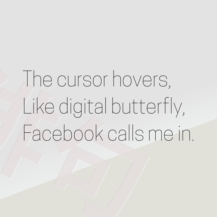 The cursor hovers, Like digital butterfly, Facebook calls me in.