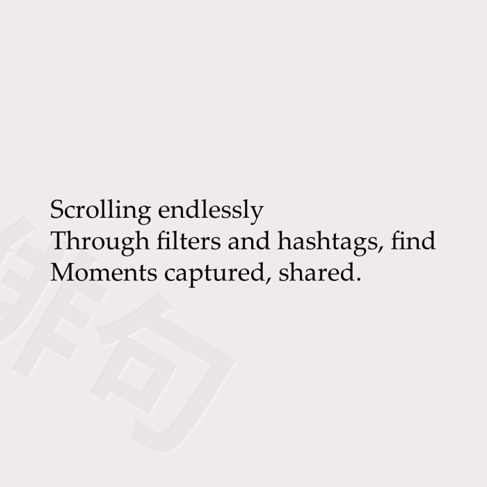Scrolling endlessly Through filters and hashtags, find Moments captured, shared.
