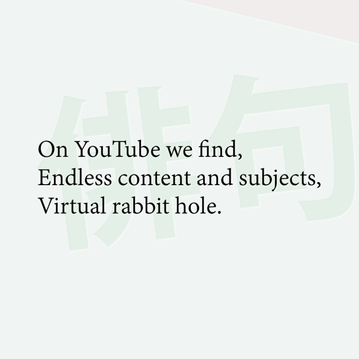 On YouTube we find, Endless content and subjects, Virtual rabbit hole.