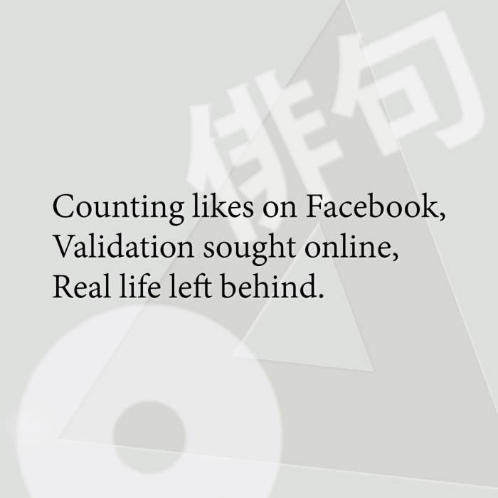 Counting likes on Facebook, Validation sought online, Real life left behind.
