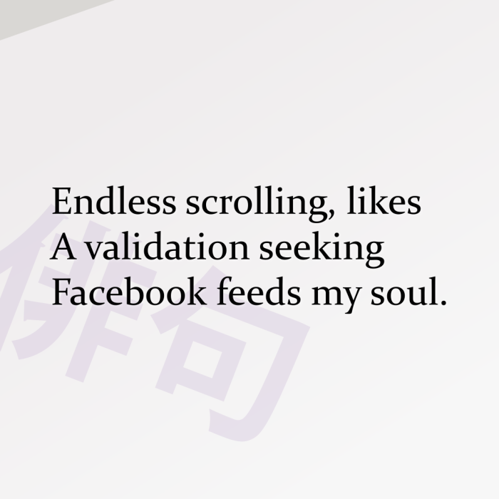 Endless scrolling, likes A validation seeking Facebook feeds my soul.