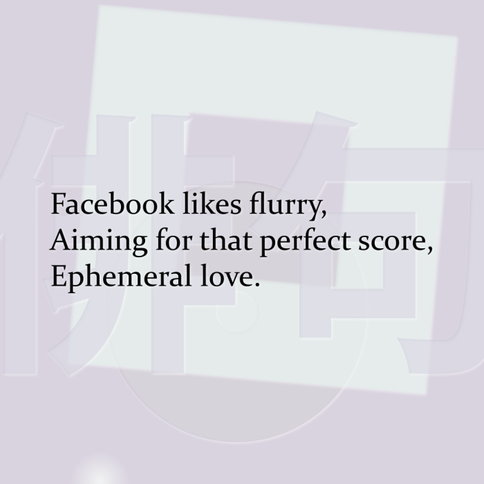 Facebook likes flurry, Aiming for that perfect score, Ephemeral love.