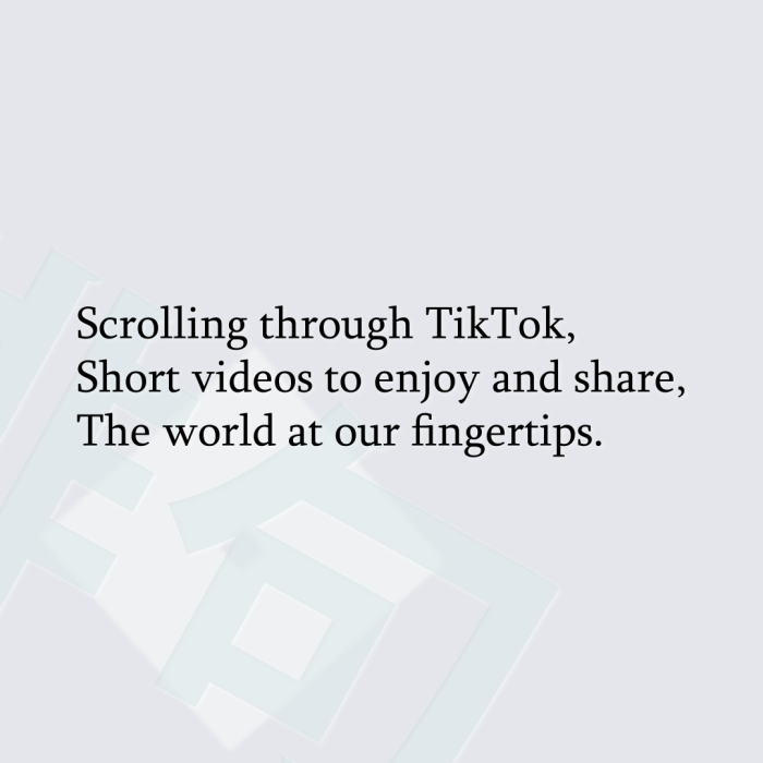 Scrolling through TikTok, Short videos to enjoy and share, The world at our fingertips.