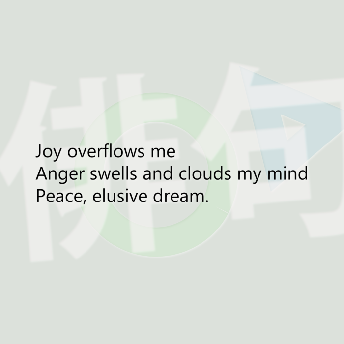 Joy overflows me Anger swells and clouds my mind Peace, elusive dream.