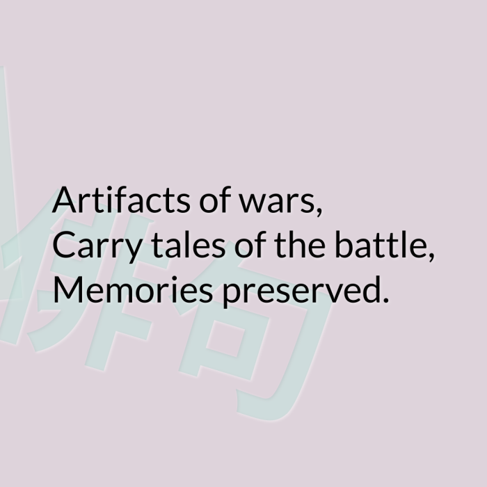 Artifacts of wars, Carry tales of the battle, Memories preserved.