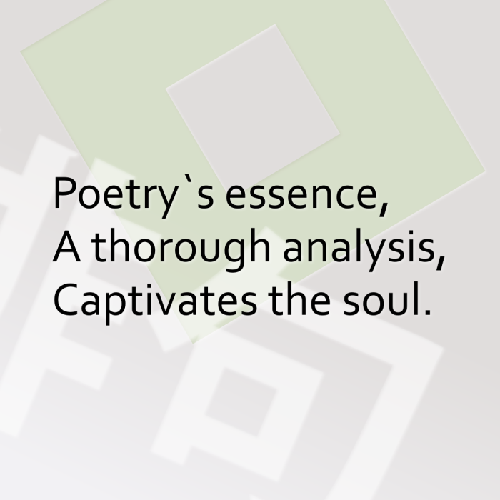 Poetry`s essence, A thorough analysis, Captivates the soul.