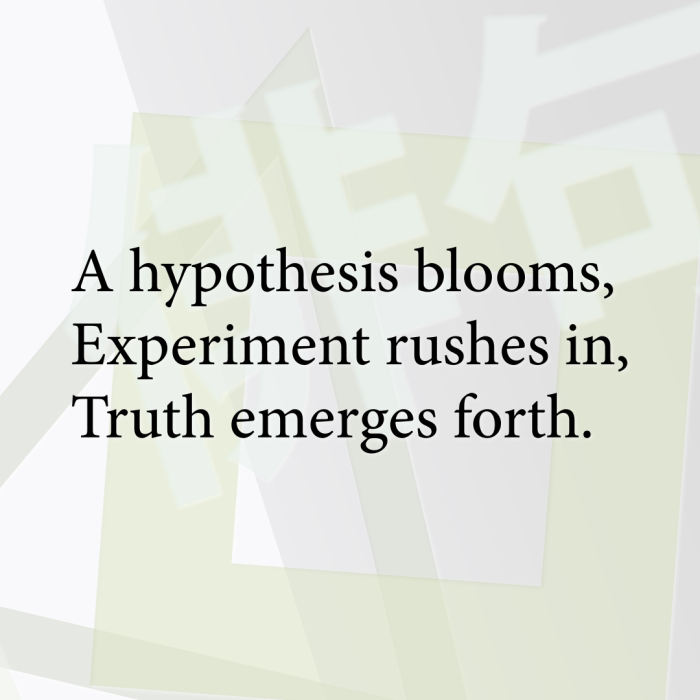 A hypothesis blooms, Experiment rushes in, Truth emerges forth.