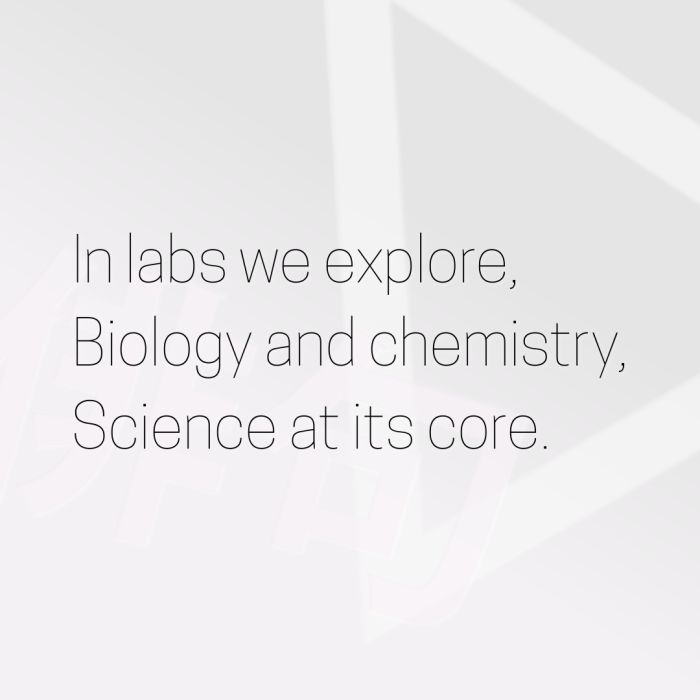 In labs we explore, Biology and chemistry, Science at its core.