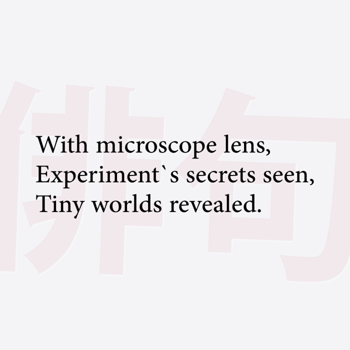 With microscope lens, Experiment`s secrets seen, Tiny worlds revealed.