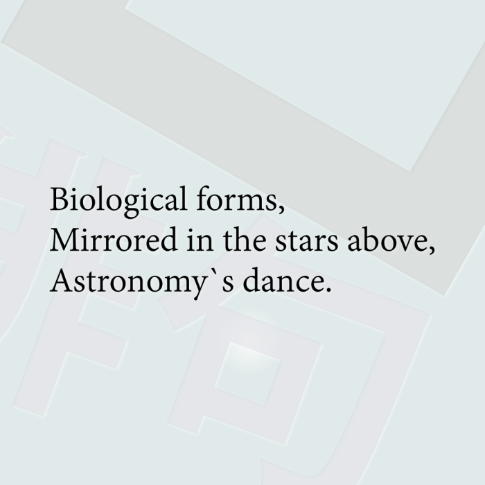 Biological forms, Mirrored in the stars above, Astronomy`s dance.