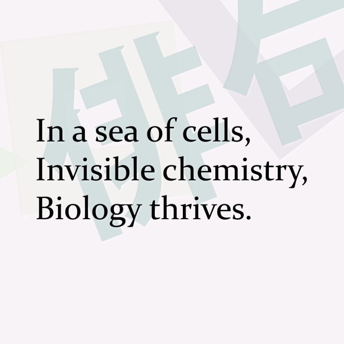 In a sea of cells, Invisible chemistry, Biology thrives.