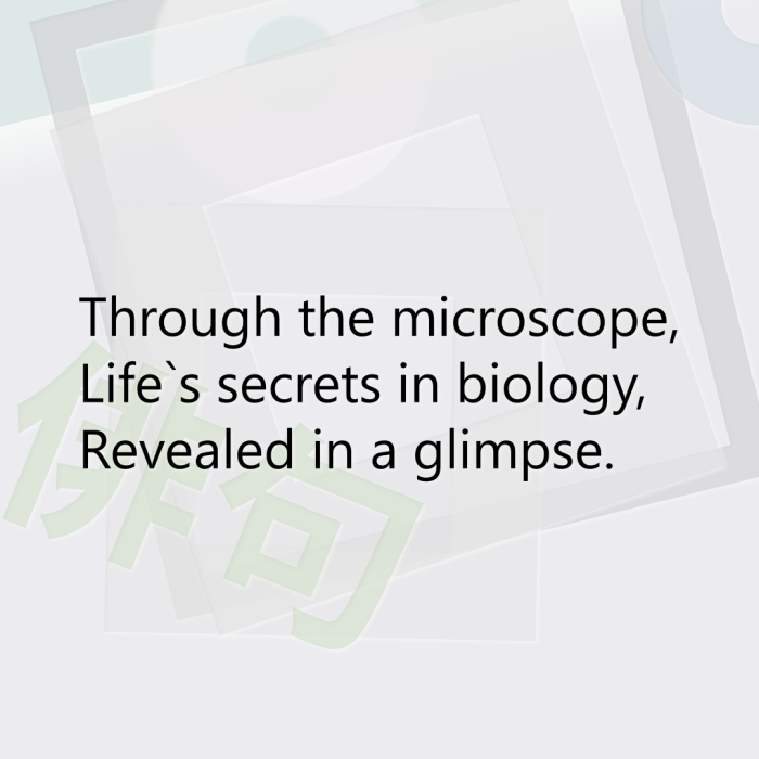 Through the microscope, Life`s secrets in biology, Revealed in a glimpse.