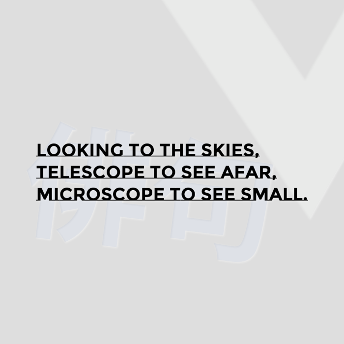Looking to the skies, Telescope to see afar, Microscope to see small.