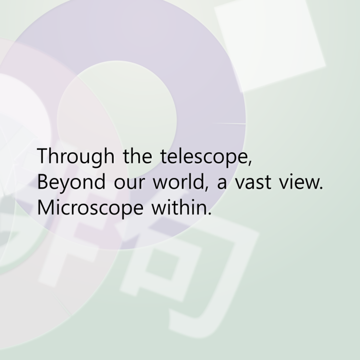 Through the telescope, Beyond our world, a vast view. Microscope within.