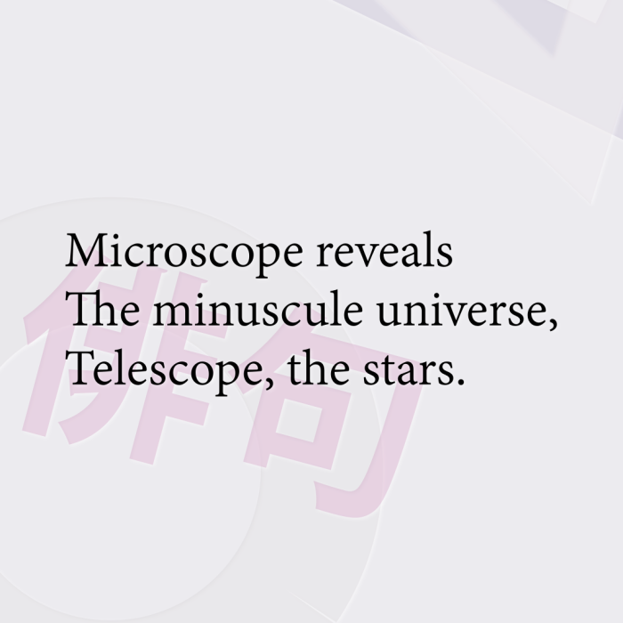 Microscope reveals The minuscule universe, Telescope, the stars.