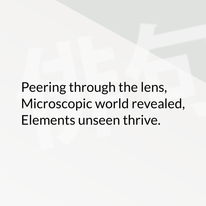 Peering through the lens, Microscopic world revealed, Elements unseen thrive.