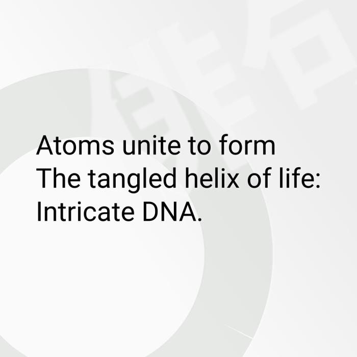 Atoms unite to form The tangled helix of life: Intricate DNA.