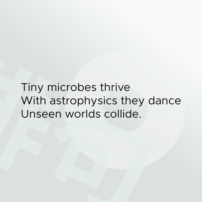 Tiny microbes thrive With astrophysics they dance Unseen worlds collide.