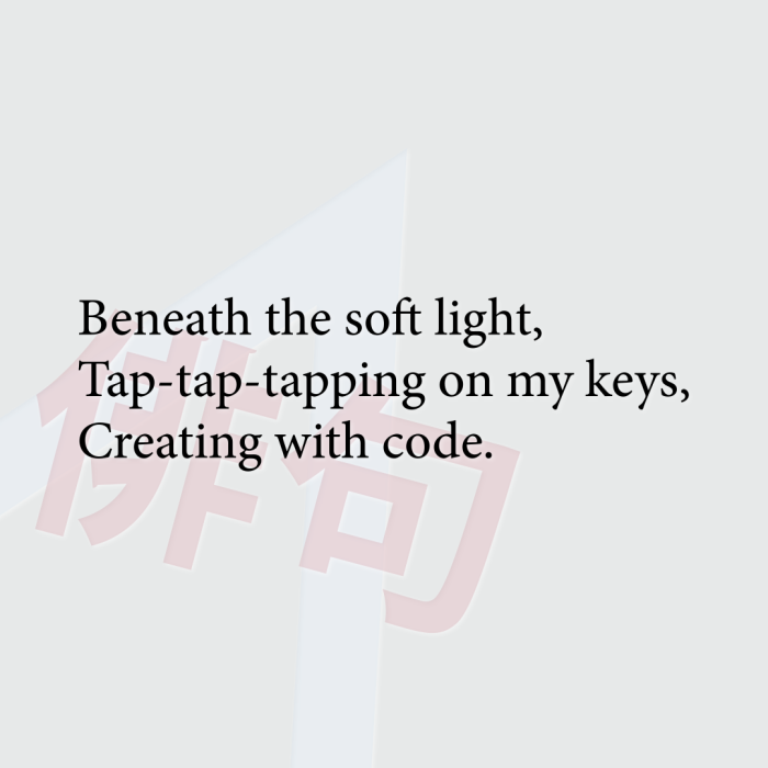 Beneath the soft light, Tap-tap-tapping on my keys, Creating with code.
