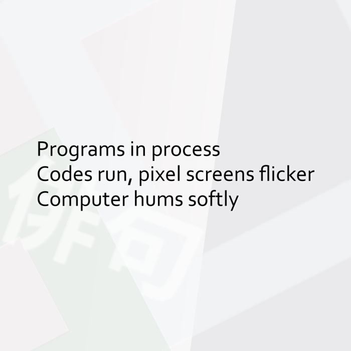 Programs in process Codes run, pixel screens flicker Computer hums softly