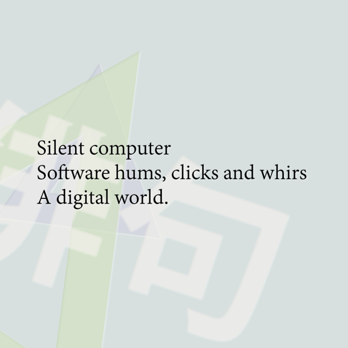 Silent computer Software hums, clicks and whirs A digital world.
