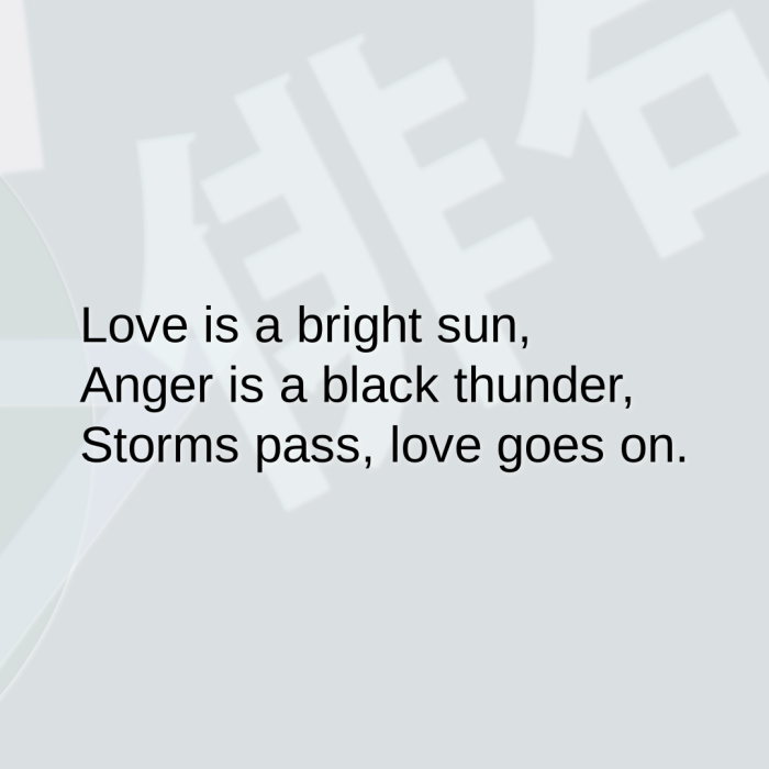 Love is a bright sun, Anger is a black thunder, Storms pass, love goes on.